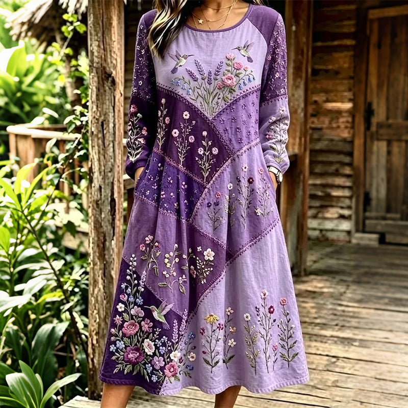 Cardydony  Retro Floral & Hummingbird Patchwork Art Casual Long-sleeved Dress
