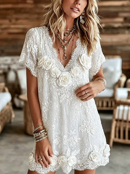 Cardydony Women's Vintage White Rose Art Embroidered Linen Blend Casual Midi Dress