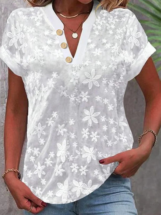 Cardydony Women's Retro Embroidered Buttons V Neck Shirt