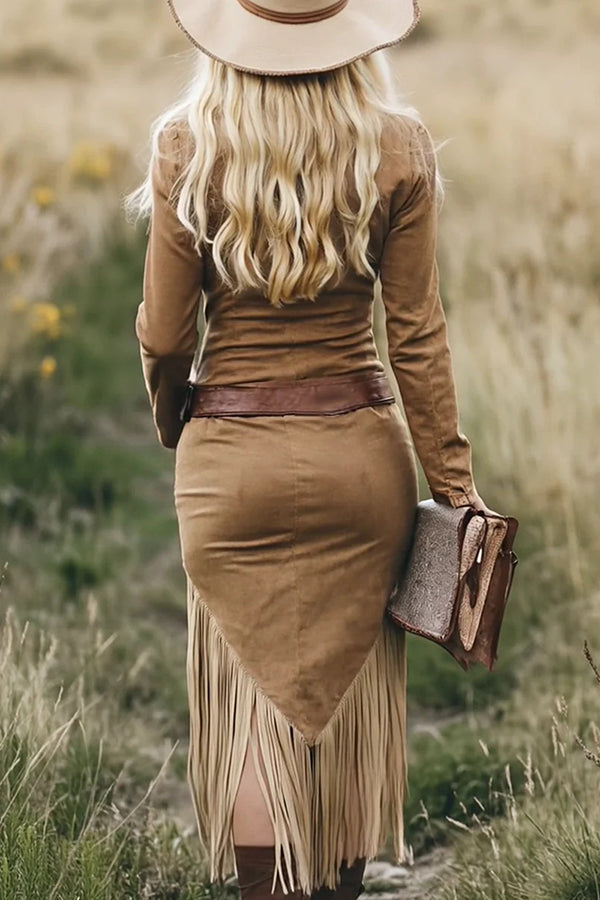 Cardydony Women's Retro Western Style Long-sleeved Fringed Hem Suede Midi Dress