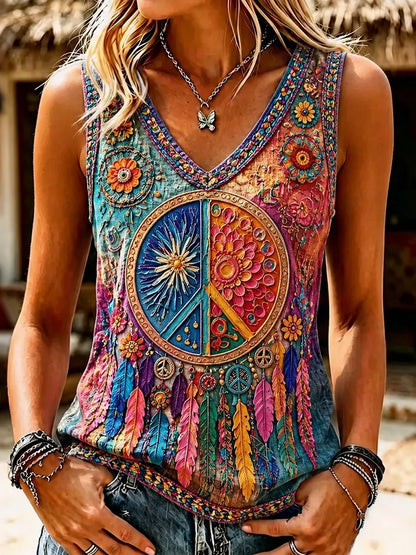 Cardydony Women's Retro Hippie Peace Art V-neck Tank Top