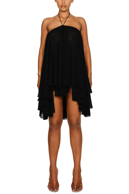 Cardydony Women's Chiffon Solid Color Halter Backless Irregular Mini Dress