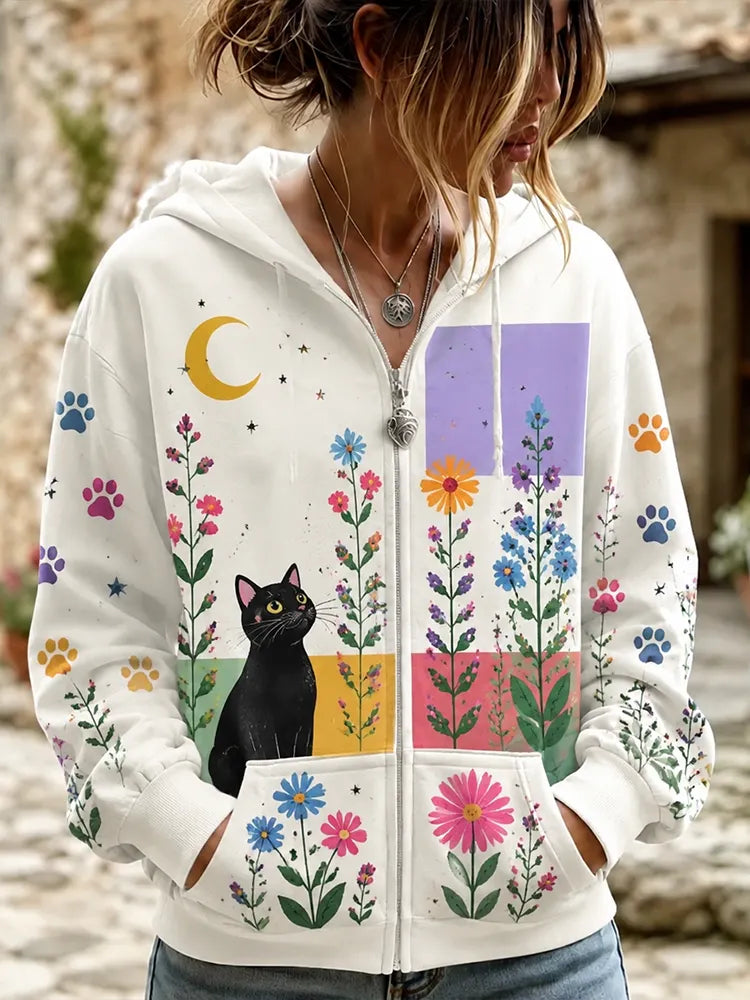 Cardydony Women's Boho Black Cat And Wildflowers Print Full-zip Hoodie