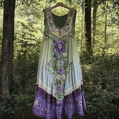 Cardydony Vintage Boho Lavender Art Linen Patchwork Art Linen Tank Dress