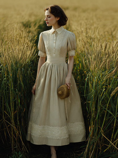 Cardydony Retro Lace Patchwork Design Casual Linen Dress