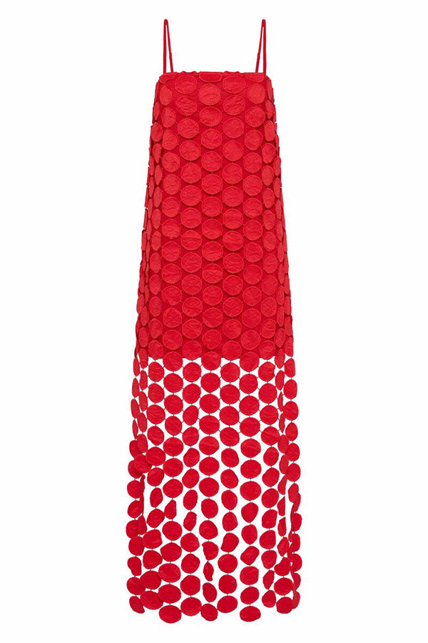 Cardydony Women's Juju Embroidered Cutout Polka Dots Square Neck Tassel Hem Slip Maxi Dress