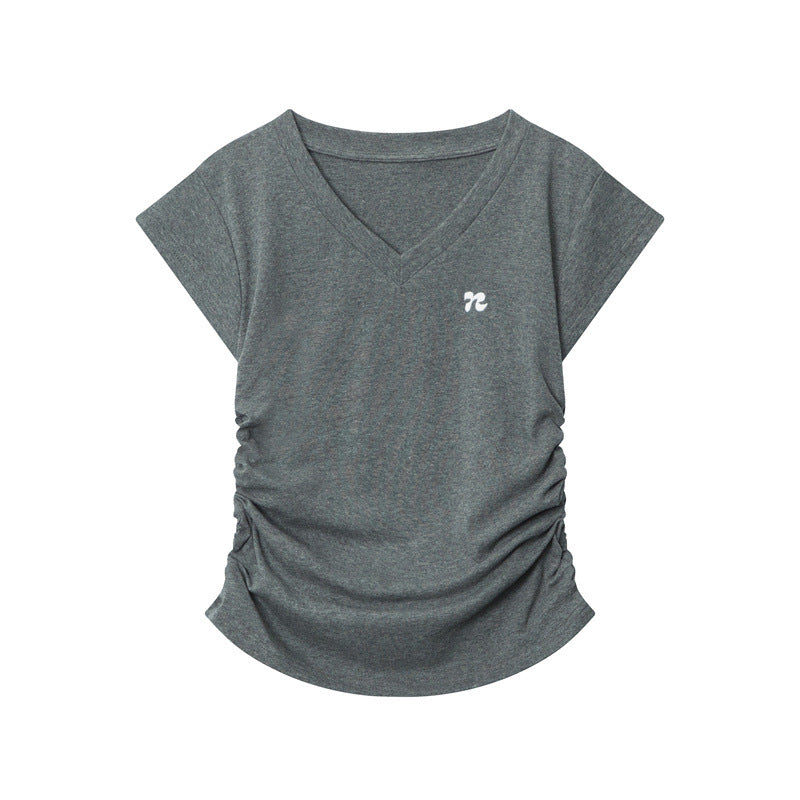Cardydony Women's Chic V-Neck Ruched Slim-Fit T-Shirt