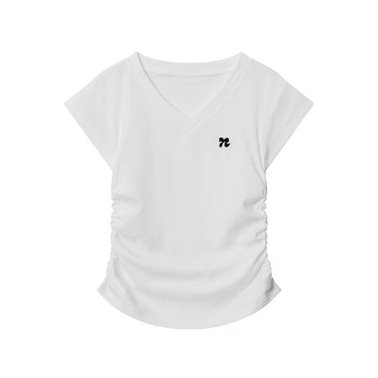 Cardydony Women's Chic V-Neck Ruched Slim-Fit T-Shirt