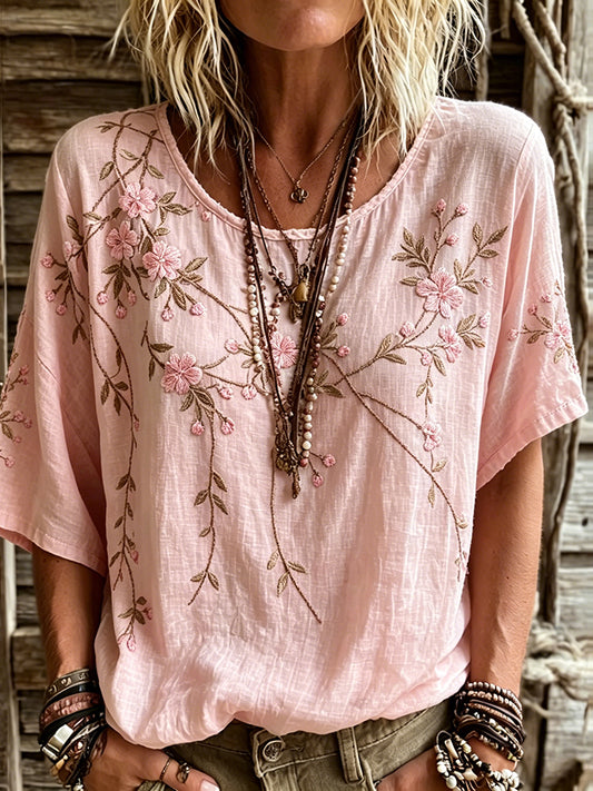 Cardydony Women's Vintage Pink Floral Art Linen Blend T-shirt