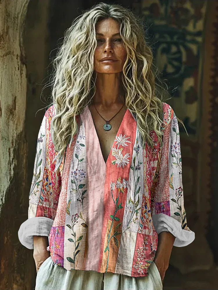 Cardydony Vintage Boho Bohemian Ethnic Floral Patchwork Linen V-neck Tunic