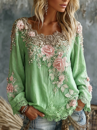 Cardydony Women's Vintage Rose Floral Art Crew Neck Long Sleeve Linen T-shirt