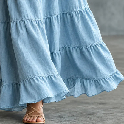Cardydony Women's Bohemian Ruffle Neck Relaxed Fit Tiered Maxi Dress