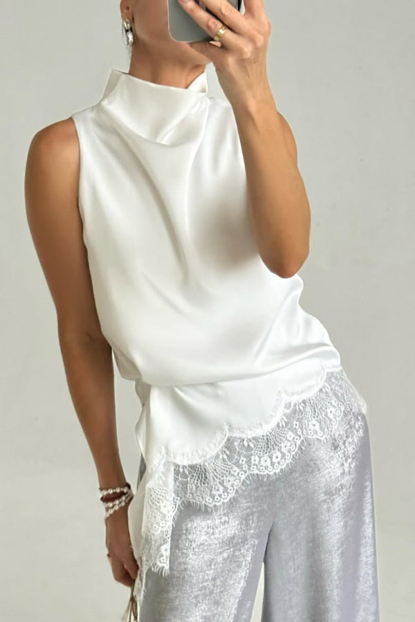 Cardydony Women's Solid Color Satin Spliced lace Sleeveless Irregular Casual Top