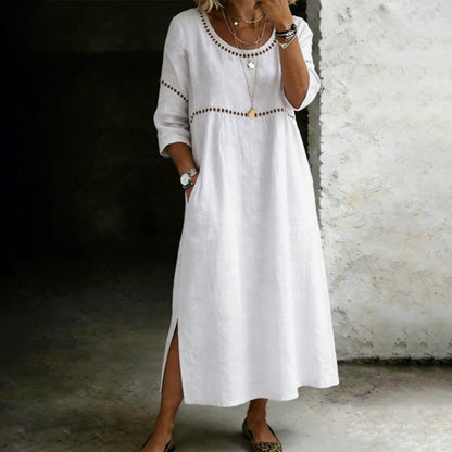 Cardydony Women's Solid Color Round Neck Split Linen Blend Midi Dress