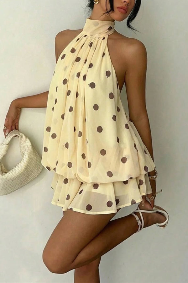 Cardydony Women's  Fashionable Chiffon Halter Neck Backless Lace-up Casual Vacation Mini Dress