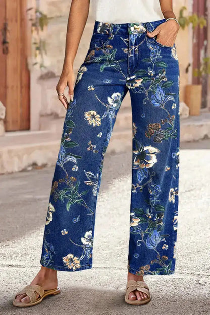 Cardydony Women's Floral Print Loose Pocket High-waisted Wide-leg Jeans