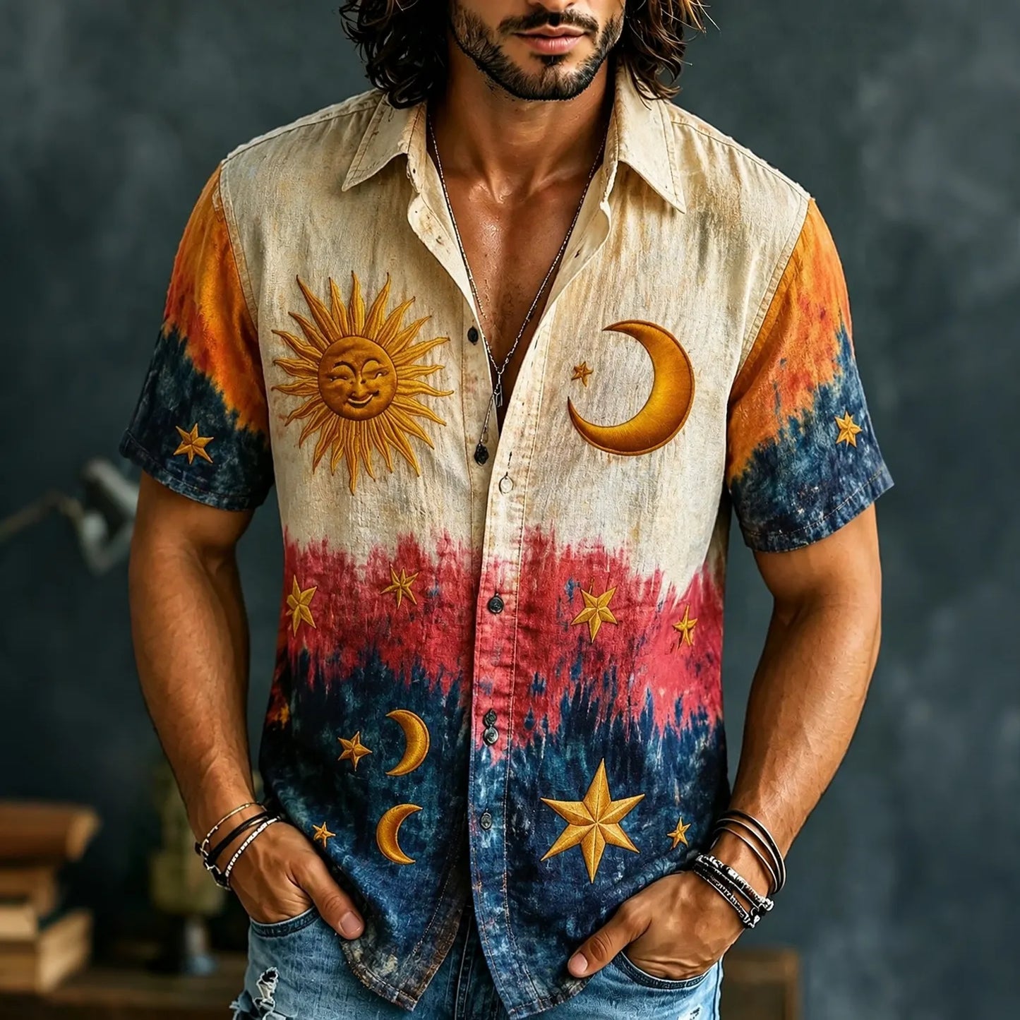Cardydony Men's Retro Hippie Gradient Pattern Print Short-sleeve Shirt