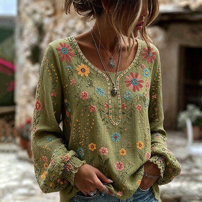 Cardydony Women's Vintage Floral Art Print Flowy Linen Blend Linen Blend Long Sleeve Casual Tops