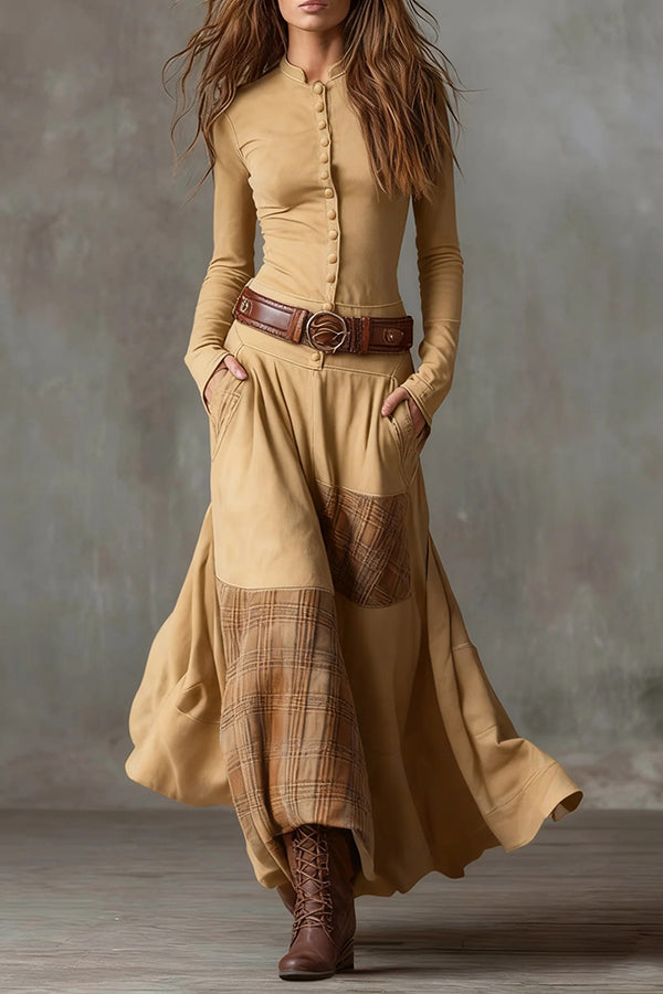 Cardydony Women's Retro-style Patchwork Single-breasted Long-sleeved Casual Pocket Maxi Dress