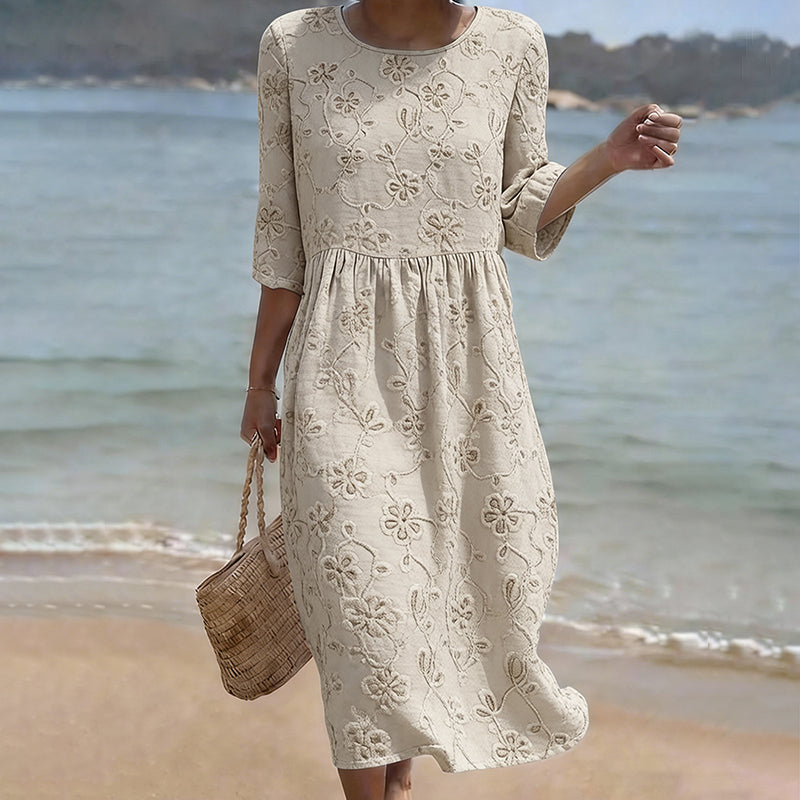 Cardydony Women's Vintage Floral Art Pattern Linen Blend Loose Three-quarter Sleeve Dress
