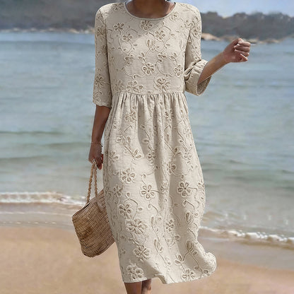 Cardydony Women's Vintage Floral Art Pattern Linen Blend Loose Three-quarter Sleeve Dress