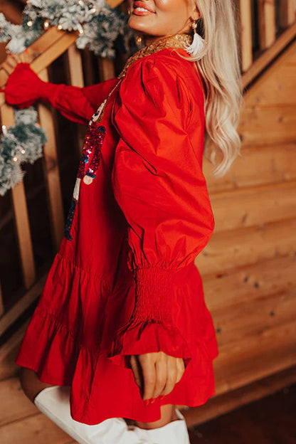 Cardydony Women's Nutcracker Sequined Button Down Long Sleeve Mini Dress