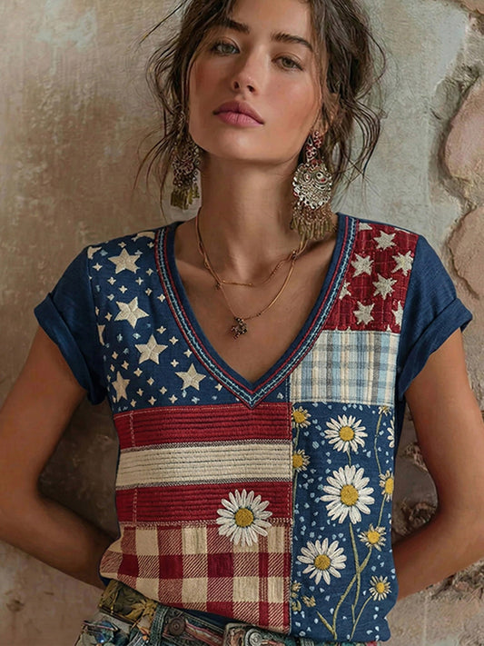 Cardydony Women's Independence Day Flag Daisy Patchwork Art Pattern V-neck Short Sleeve T-shirt