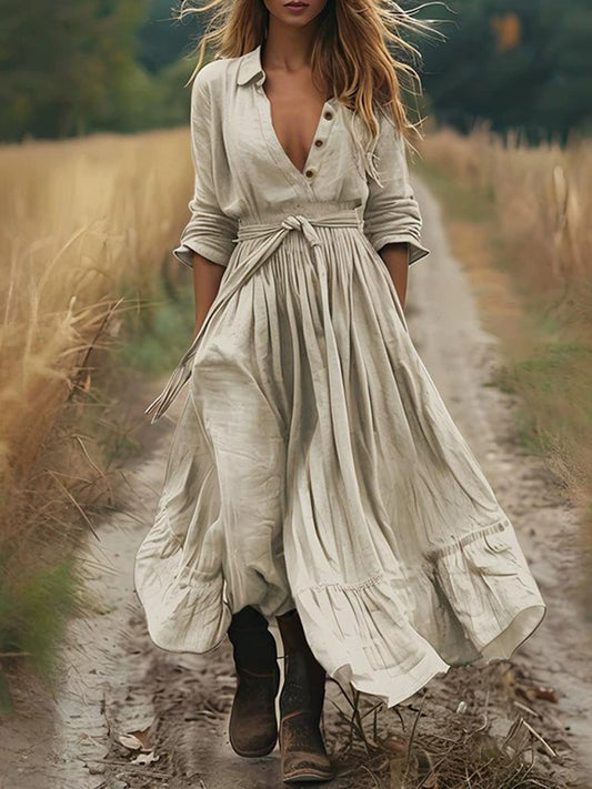 Cardydony Women's Boho Solid Color Buttons Linen Blend Maxi Dress