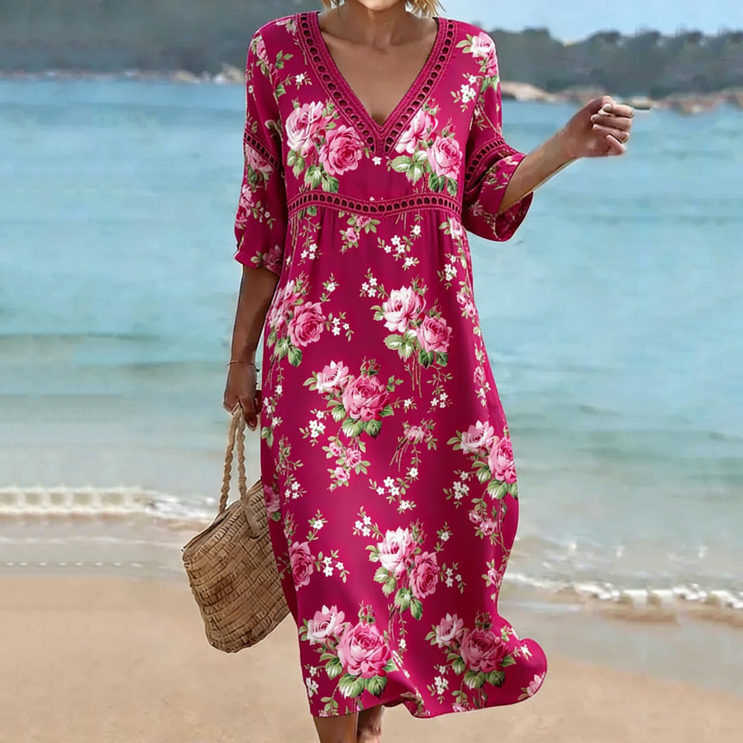 Cardydony Women's Floral Art Linen Blend Loose Three-quarter Sleeve V Neck Dress