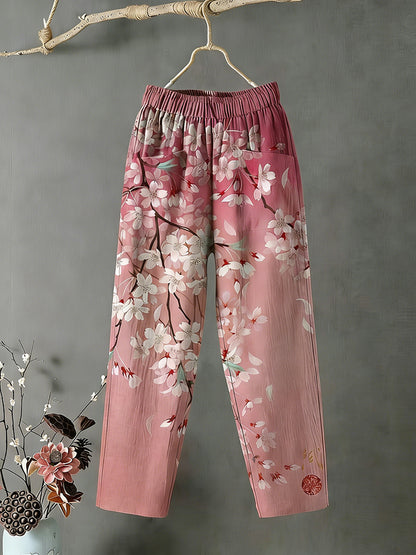 Cardydony Japanese Cherry Blossom Floral Pattern Comfortable Linen Pants
