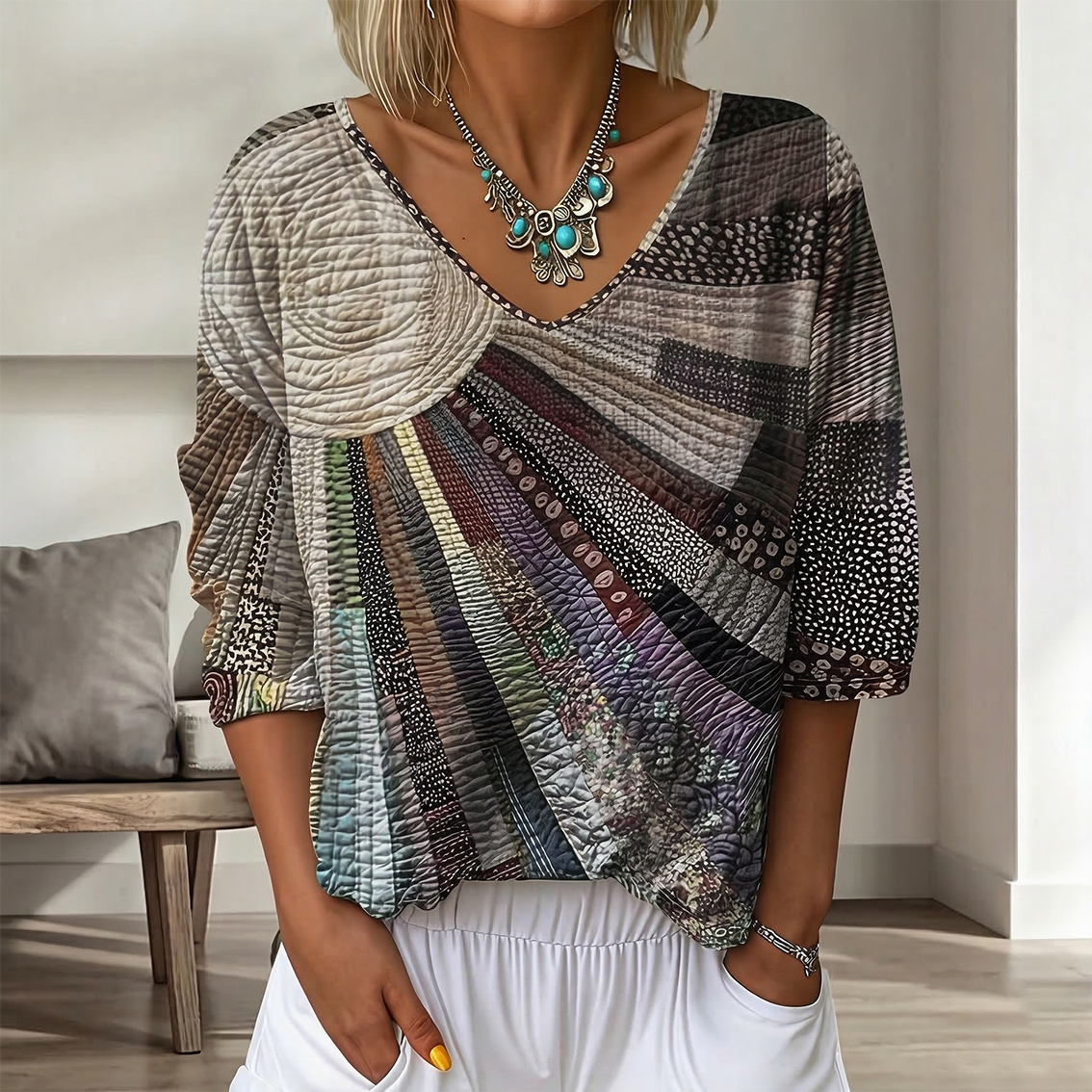 Cardydony Women's Vintage Floral In Gradient Art Print Flowy Linen Blend Three-quarter Sleeve V Neck Linen Tops