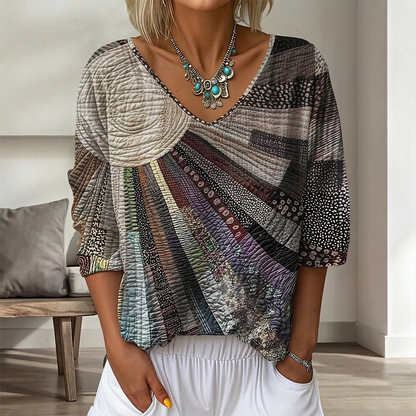 Cardydony Women's Vintage Floral In Gradient Art Print Flowy Linen Blend Three-quarter Sleeve V Neck Linen Tops