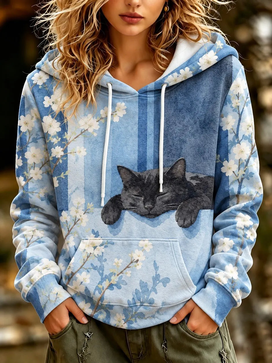 Cardydony Women's Cute Cat And Floral Print Hoodie