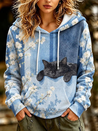 Cardydony Women's Cute Cat And Floral Print Hoodie