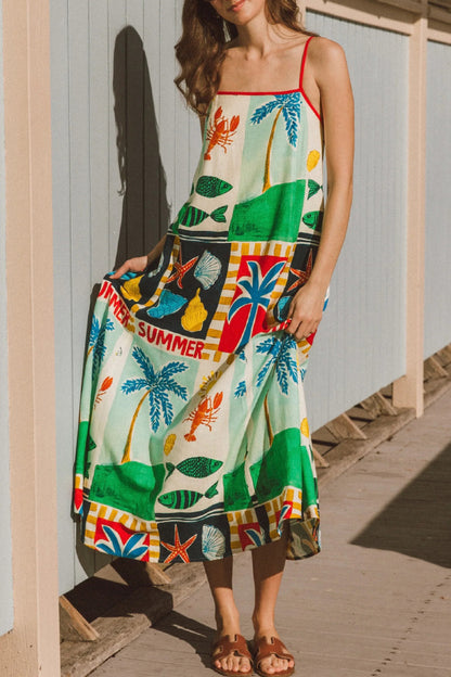 Cardydony Women's Summer-themed Printed Square Neck Sleeveless Pocket Loose Maxi Dress