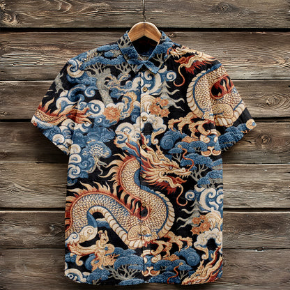 Cardydony Men's Vintage Traditional Dragon Art Pattern Linen Shirt