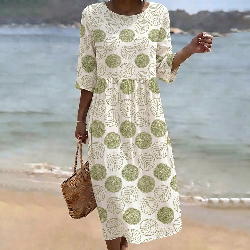 Cardydony Women's Leaf Pattern Crew Neck Linen Blend Midi Dress