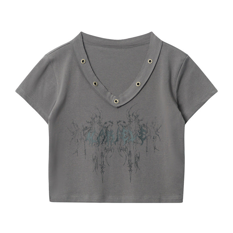 Cardydony Women's Edgy Graphic V-Neck Crop Top with Rivet Detail