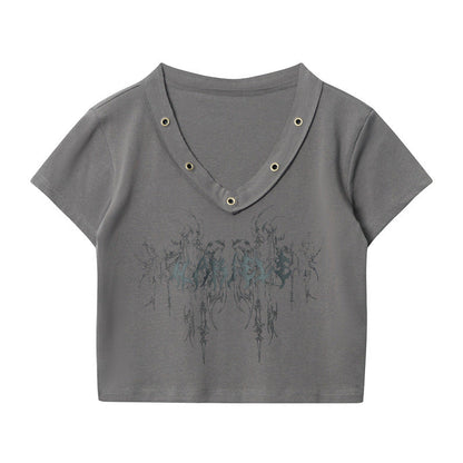 Cardydony Women's Edgy Graphic V-Neck Crop Top with Rivet Detail