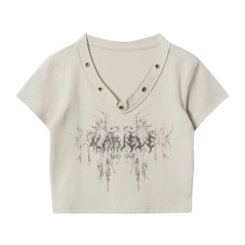 Cardydony Women's Edgy Graphic V-Neck Crop Top with Rivet Detail