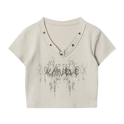 Cardydony Women's Edgy Graphic V-Neck Crop Top with Rivet Detail