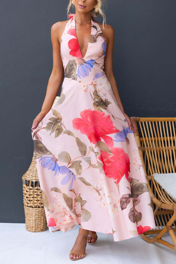 Cardydony Women's Floral Print V-neck Backless Tie-up Fitted Waist Elegant Maxi Dress