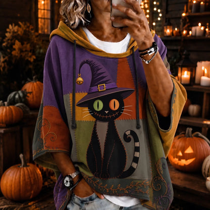 Cardydony Women's Halloween Black Cat Color Blocking Art Print Casual Hoodie