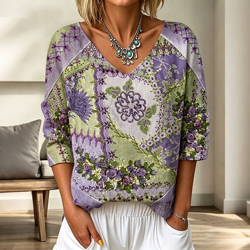 Cardydony Women's Floral Patchwork Art Print Flowy Linen Blend Three-quarter Sleeve V Neck Linen Tops