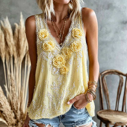 Cardydony Women's Vintage Yellow Floral Art Casual Sleeveless Linen Blend Top