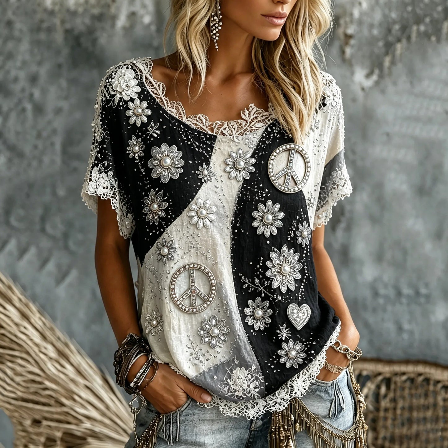 Cardydony Women's Pearl Floral Peace Sign Tie Dye Art Print Casual T-shirt