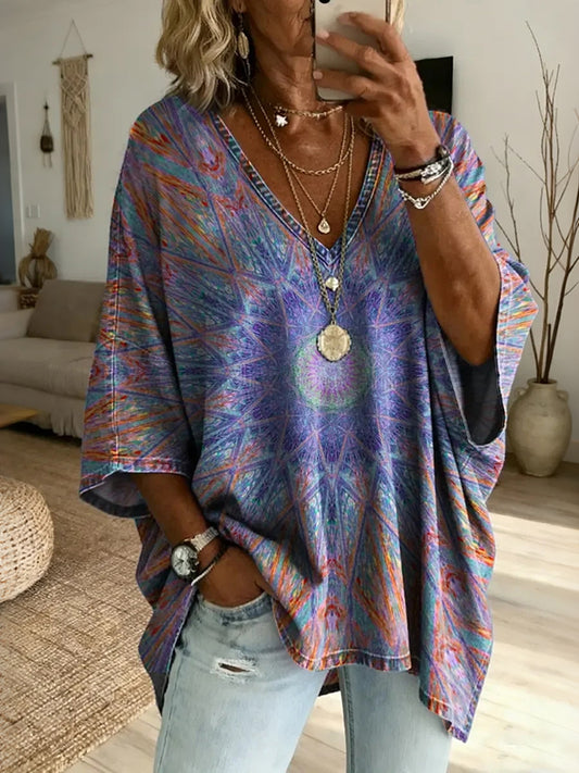 Cardydony Ethnicity Retro Geometry Kaleidoscope Women's Art Print Casual Top