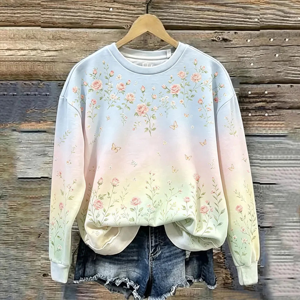 Cardydony Vintage Pink Floral And Butterfly Art Print Gradient Cotton Linen Crew Neck Top