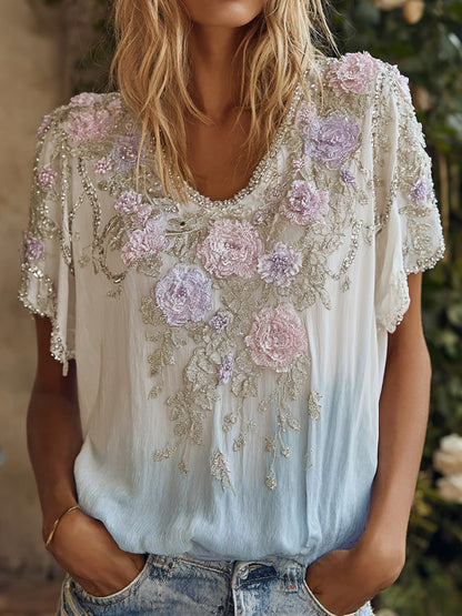 Cardydony Bohemian Floral Embroidered Vintage Ombre White To Blue Top