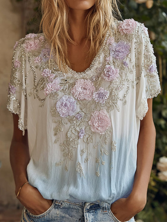 Cardydony Bohemian Floral Embroidered Vintage Ombre White To Blue Top